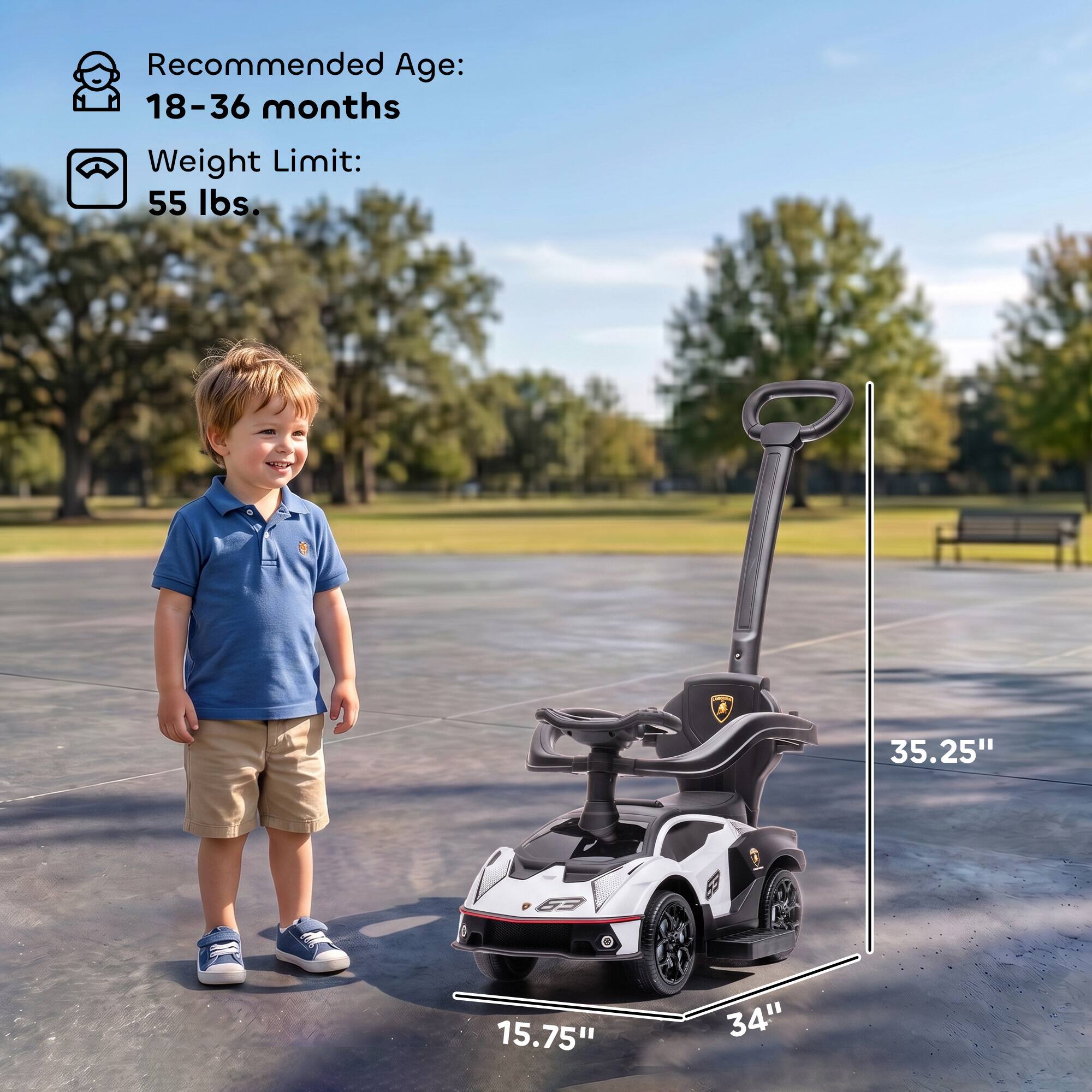 Recommended Age: 18-36 months  
Weight Limit: 55 lbs.  
35.25"  
69"  
15.75"  
34"