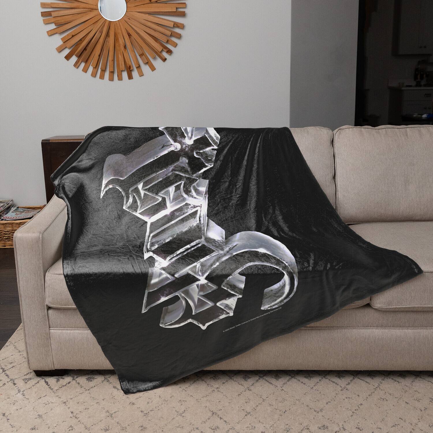 Alt View 1. PopMarket - Ghost - Rocksax - Ghost - Chrome Logo - Sherpa Fleece Blanket (60 in x 80 in) - Multicolor.