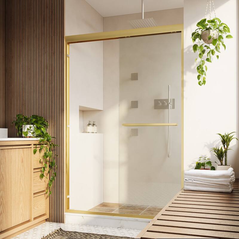 Front. WELLFOR - 44-48 in W x 72 in H Framed Shower Door with Double Sliding & Stainless Steel Towel Bar Handle, 1/4" Tempered Glass - Brushed Gold.