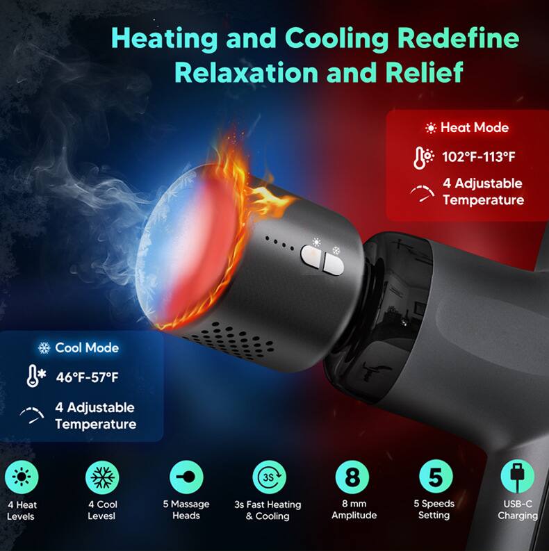 Heating and Cooling Redefine Relaxation and Relief

Heat Mode
- 102°F-113°F
- 4 Adjustable Temperature

Cool Mode
- 46°F-57°F
- 4 Adjustable Temperature

- 4 Heat Levels
- 4 Cool Levels
- 5 Massage Heads
- 3s Fast Heating & Cooling
- 8 mm Amplitude
- 5 Speeds Setting
- USB-C Charging