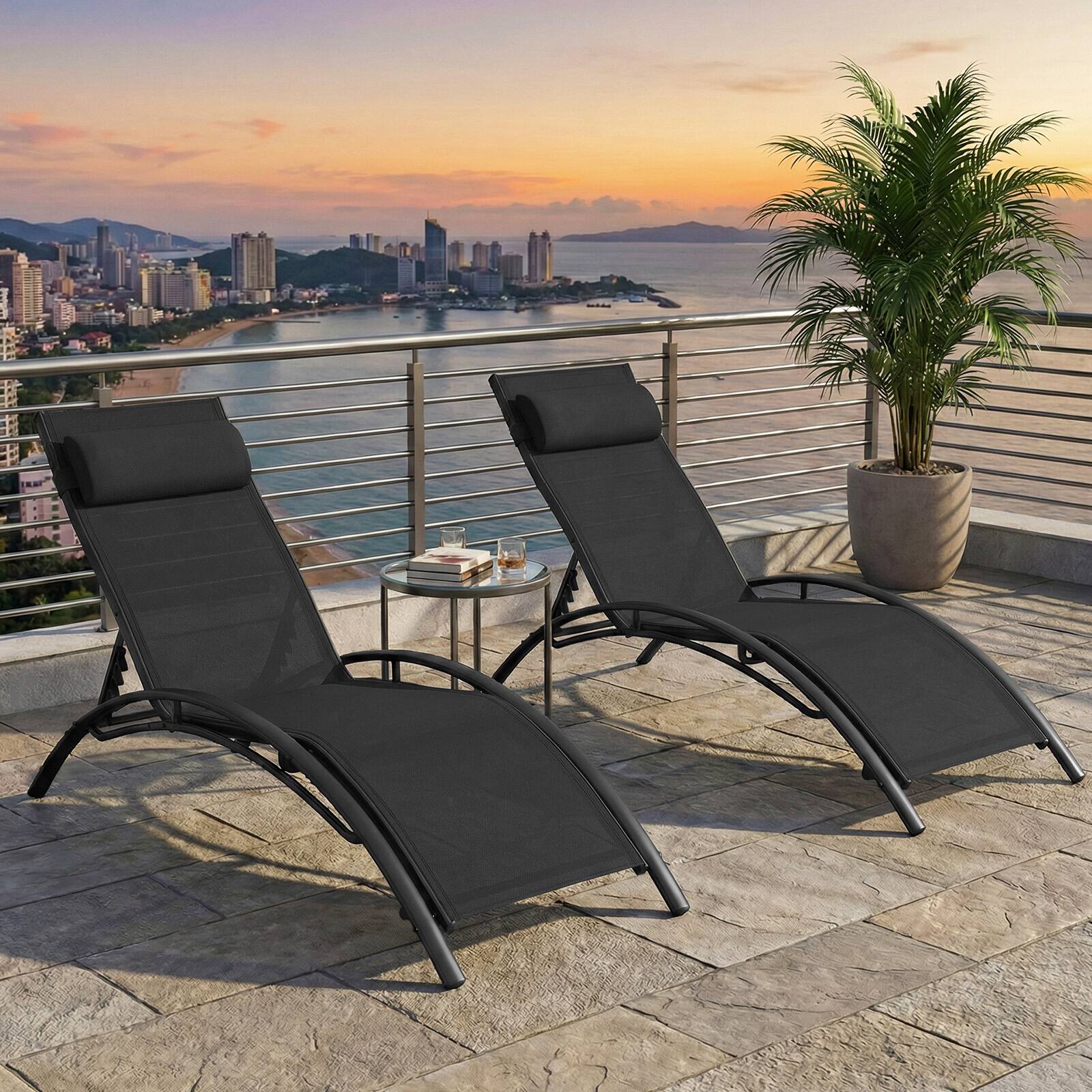 Alt View 3. Gymax - Gymax Patio Chaise Lounges Set of 2 w/5-Position Backrest & Breathable Seat Fabric Black - Black.