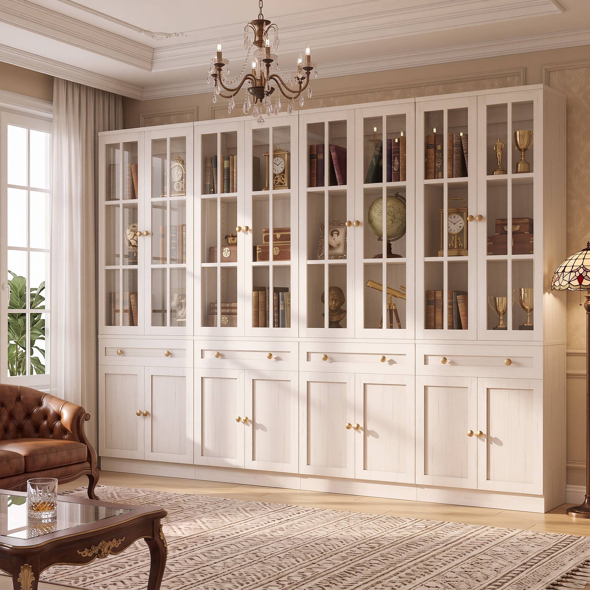 Left. Aheaplus - 80'' Tall Farmhouse Bookcase with Drawer, Glass Doors, and Adjustable Shelves - Off White.