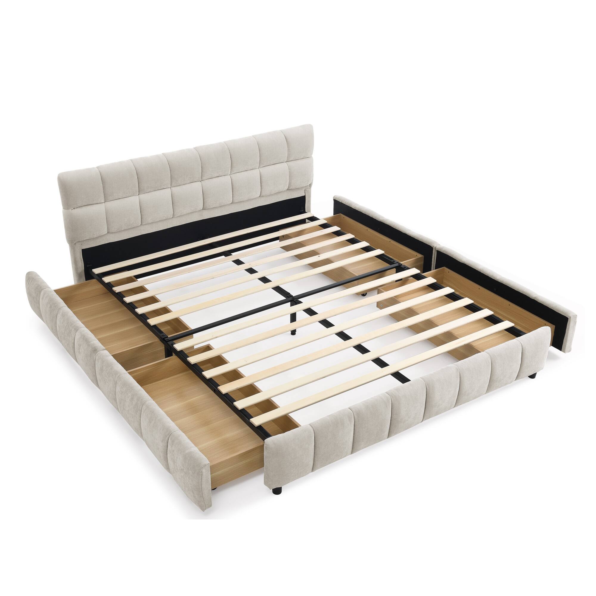 Alt View 2. LUCKY ONE - Queen Size Chenille Upholstered Bed Frame With Drawer - Beige.