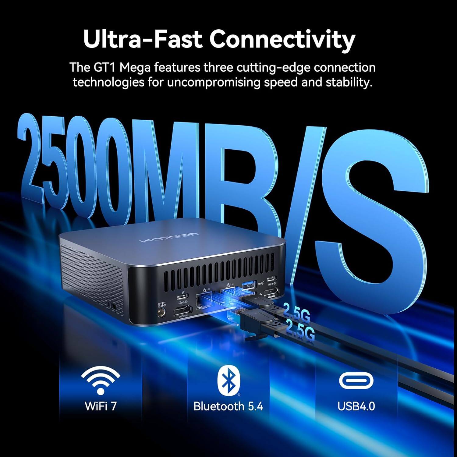 Ultra-Fast Connectivity

The GT1 Mega features three cutting-edge connection technologies for uncompromising speed and stability.

2500MB/S

- WiFi 7
- Bluetooth 5.4
- USB4.0

2.5G
2.5G