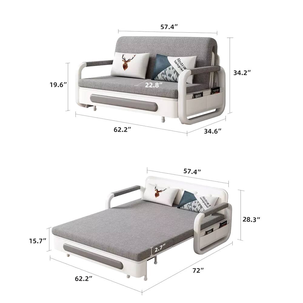 Sure, here is the corrected and grouped text from the image:

- **Dimensions of the Sofa:**
  - Length: 62.2"
  - Width: 34.2"
  - Height: 34.6"
  - Depth: 22.8"
  - Seat Height: 19.6"
  - Armrest Height: 22.8"
  - Back Height: 34.2"
  - Seat Depth: 22.8"

- **Dimensions of the Bed:**
  - Length: 72"
  - Width: 57.4"
  - Height: 15.7"
  - Armrest Height: 2.7"
  - Bed Height: 28.3"