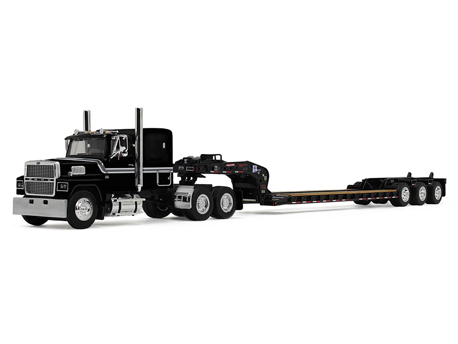 Angle. First Gear - Ford LTL 9000 with 60" Flat Top Sleeper and Fontaine Magnitude Tri-Axle Lowboy Trailer Black 1/64 - Black.