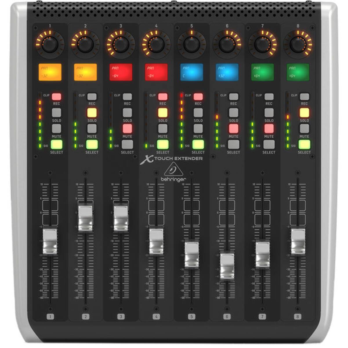 1 2 3 4 5 6 7 8  
PRT PRT PAO PAN PRO PAR PRO PRO  
A -N -Y E FA  
DV CLIF CLIP CLPP ELP CLIP CLIP CLIP  
REC REC REC REC REC REC REC REC  
SOLO SOLO SOLO SOLO SOLO SOLO SOLO SOLO  
MUTE MUTE MUTE MUTE MUTE MUTE MUTE MUTE  
tG SELECT SIG SELECT S SELECT 0 I S SELECT SELECT TOUCH EXTENDER S SELECT Sn SELECT S SELECT  
behringer 3 - I 2 3 & 5 a 7 8