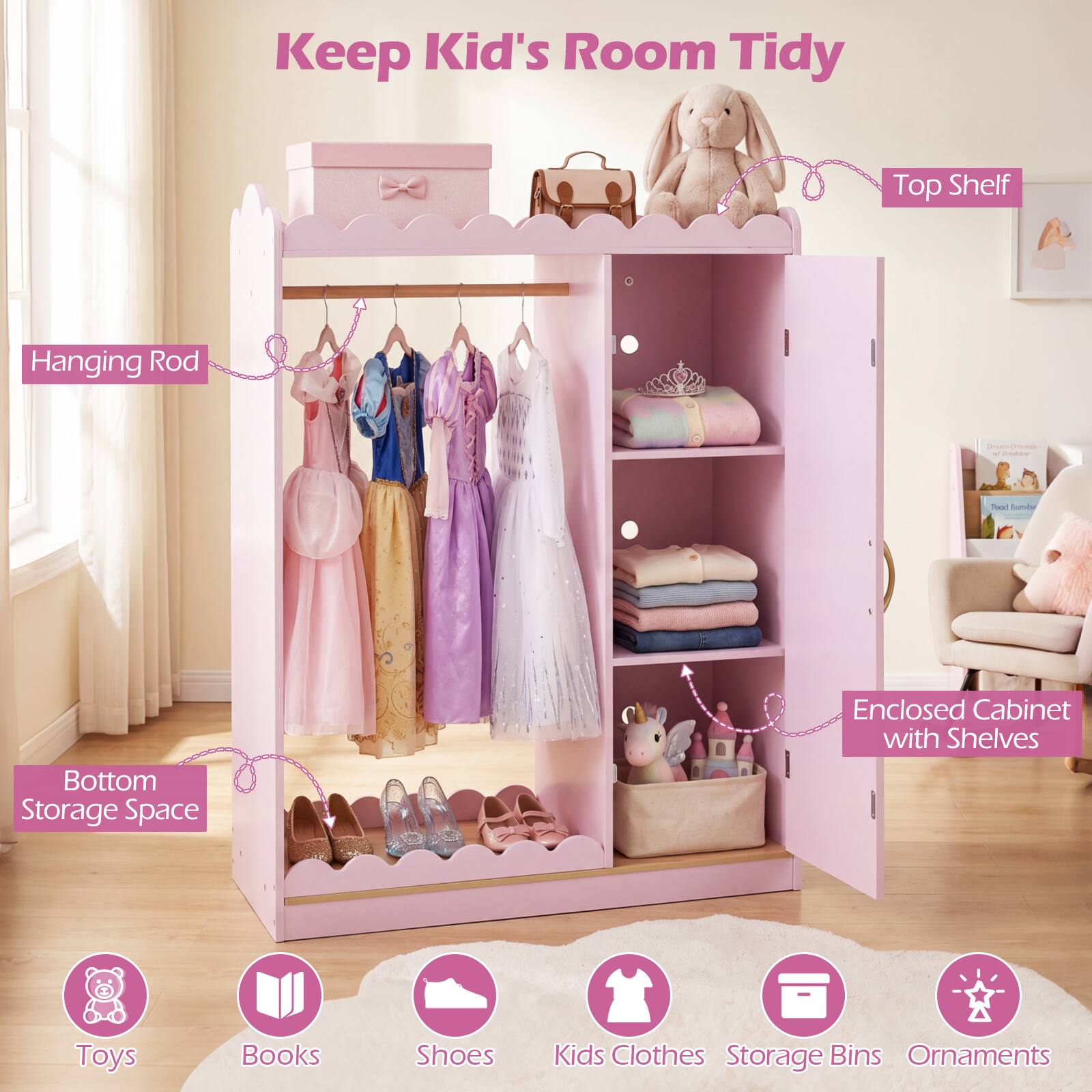 Keep Kid's Room Tidy Top Shelf Hanging Rod - C - Coe Soee S Bottom Storage Space Enclosed Cabinet with Shelves Toys Books Shoes Kids Clothes Storage Bins Ornaments