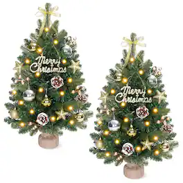 Wisairt - 24" Mini Christmas Trees, 2-Pack Artificial PE Trees with Gold Stars, Bows, Ornaments & Pinecones - Green