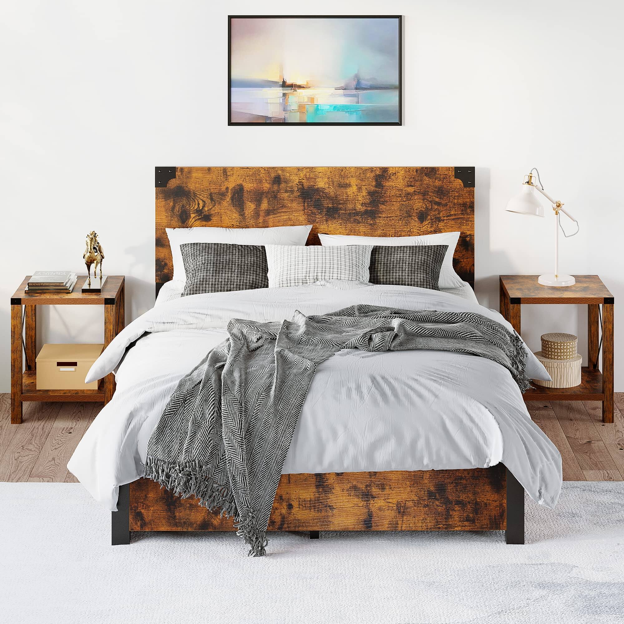 Left. Homhougo - Queen Bed Frame, Platform Full Size Bed Frame with Wood Headboard, Metal Full Bed Frame Brown - Brown.