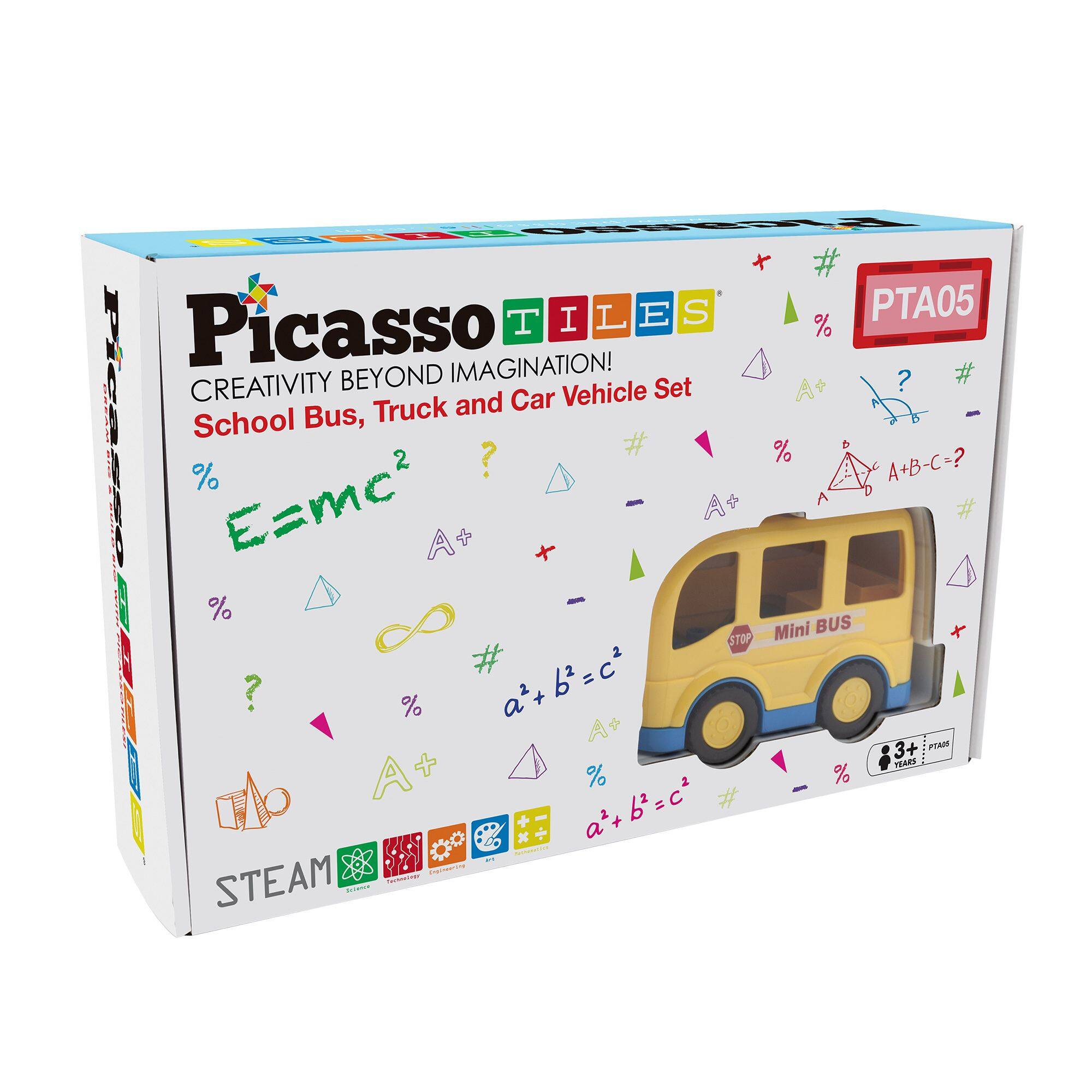 Picasso Tiles  
Creativity Beyond Imagination!  
School Bus, Truck and Car Vehicle Set  

E=mc²  
A+B=C  
a²+b²=c²  
a+b=c²  

STEAM  
PTA05  
3+ Years