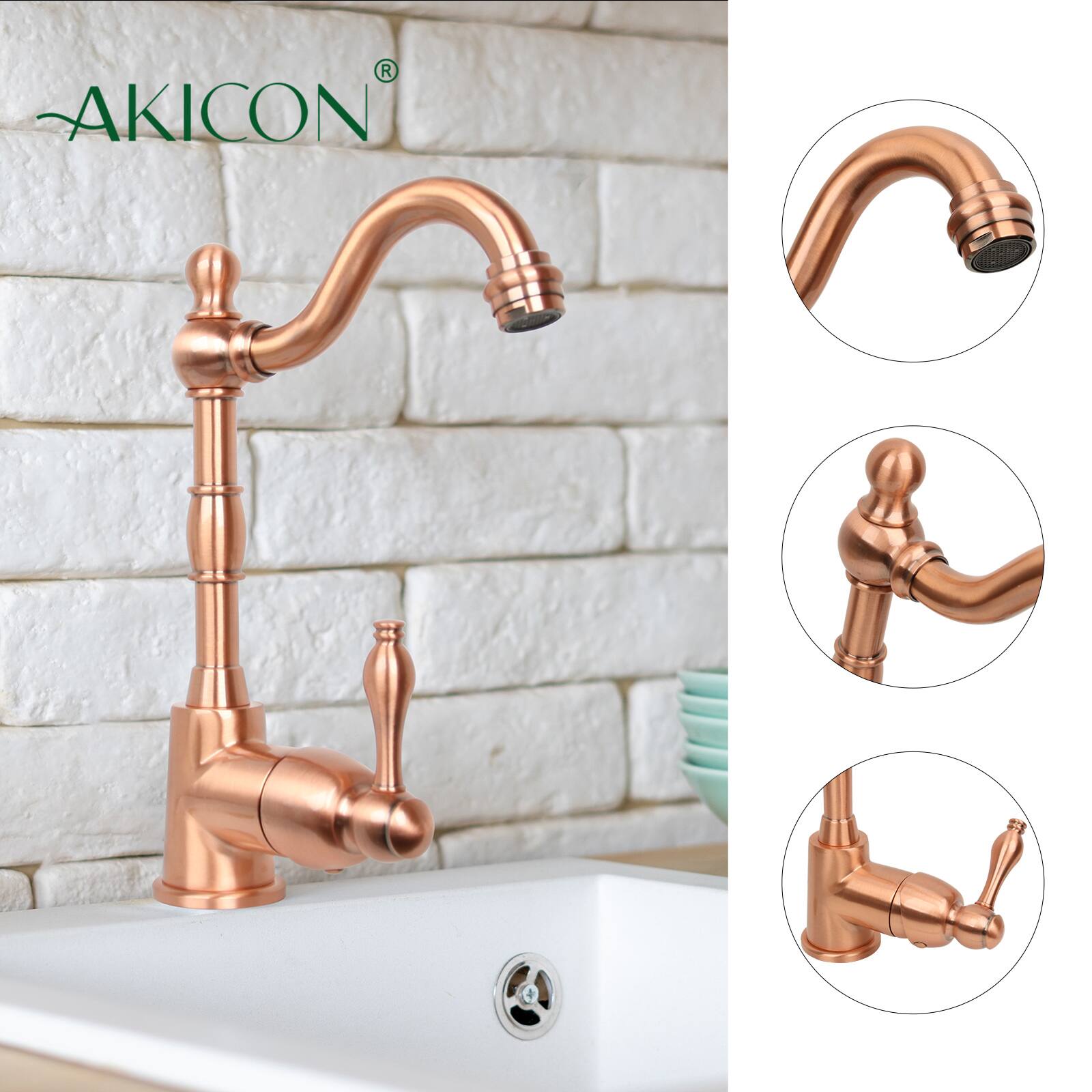 Alt View 3. Akicon - Akicon Solid Brass One-Handle Widespread Kitchen Bar Faucet in Copper - Copper.