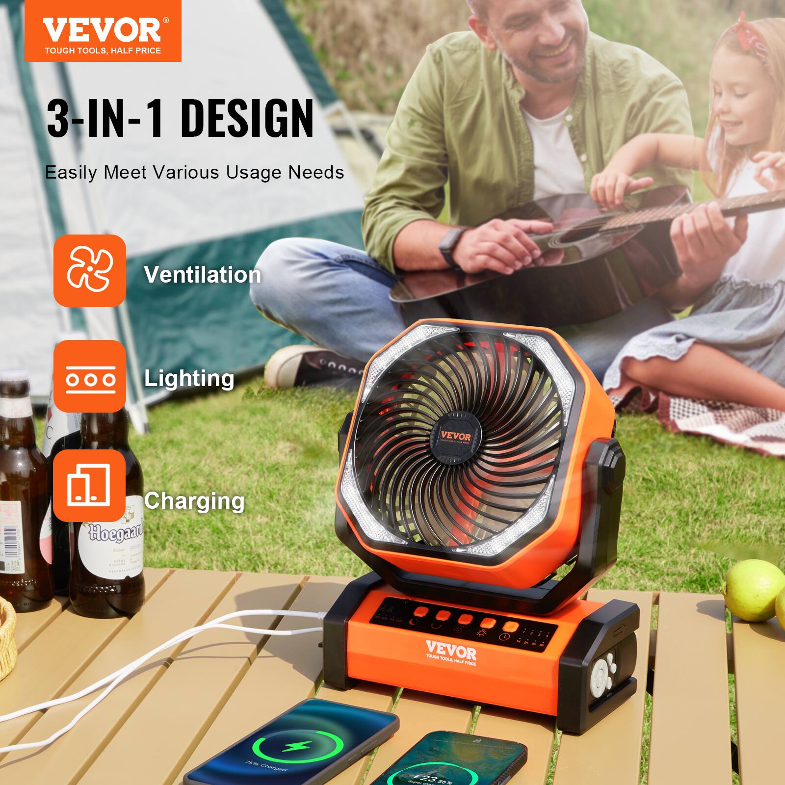 VEVOR  
TOUGH TOOLS, HALF PRICE  

3-IN-1 DESIGN  
Easily Meet Various Usage Needs  

Ventilation  
Lighting  
Charging  

VEVOR  
TOUGH TOOLS, HALF PRICE