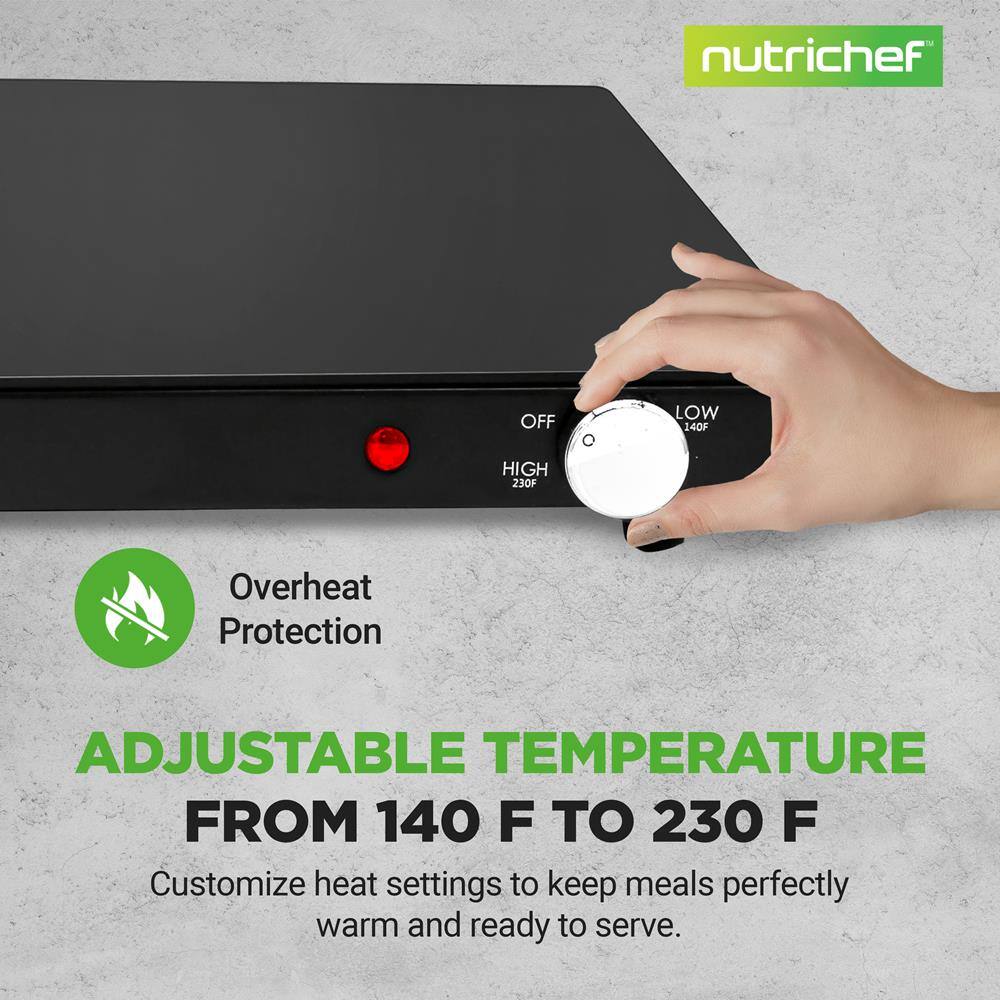 nutrichef OFF LOW 140F HIGH 230F Overheat Protection ADJUSTABLE TEMPERATURE FROM 140 F TO 230 F Customize heat settings to keep meals perfectly warm and ready to serve.