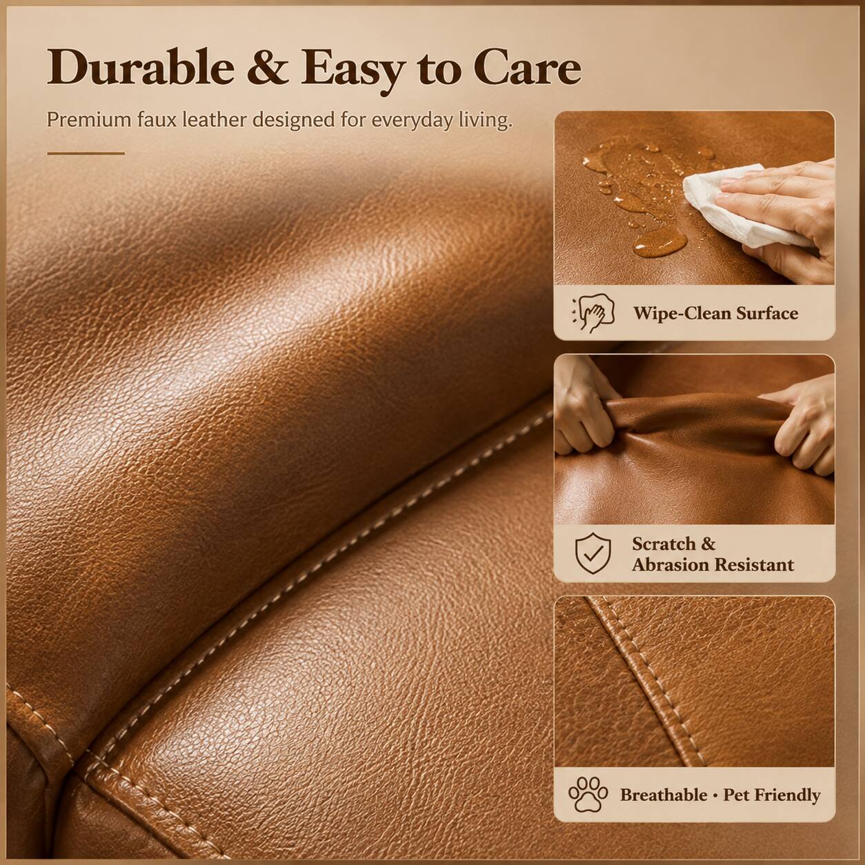 Durable & Easy to Care

Premium faux leather designed for everyday living.

- Wipe-Clean Surface
- Scratch & Abrasion Resistant
- Breathable • Pet Friendly
