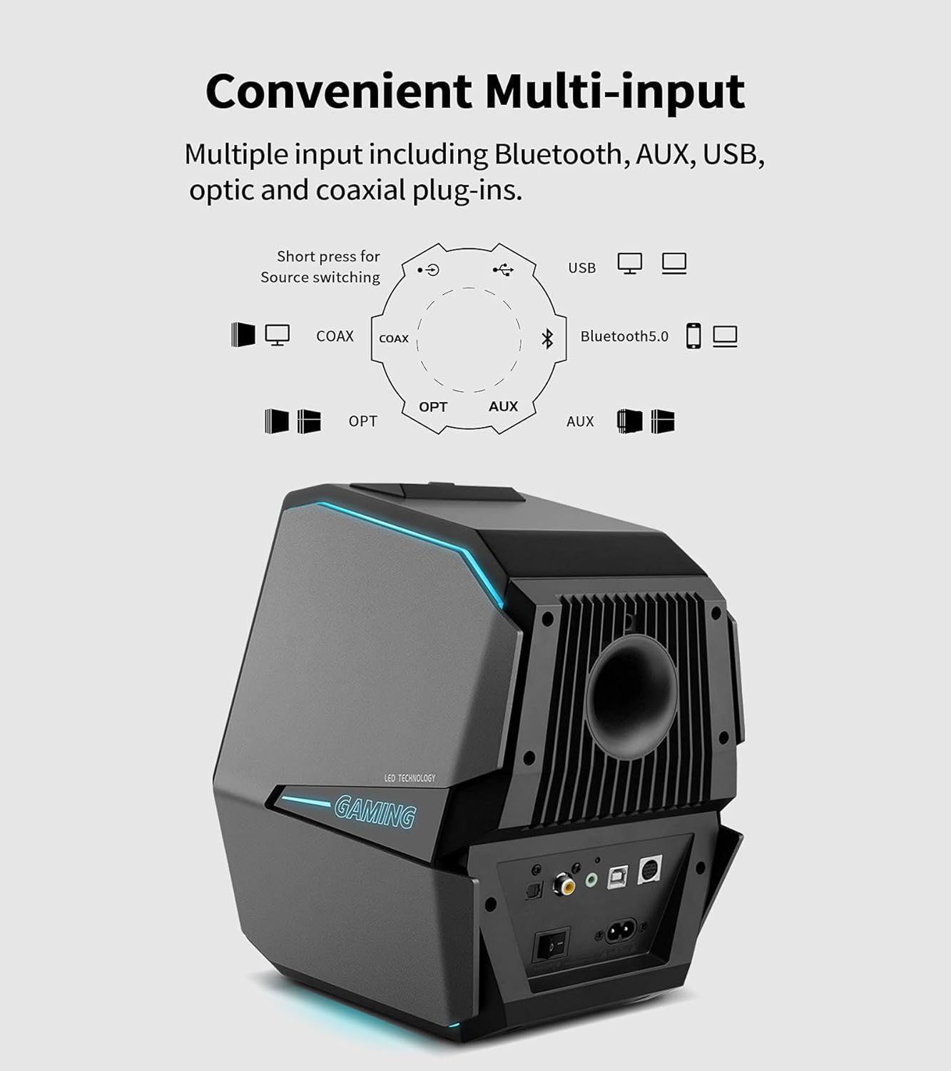 Convenient Multi-input: Multiple input options including Bluetooth, AUX, USB, optical, and coaxial plug-ins. Short press for source switching. USB, COAX, COAX, Bluetooth 5.0, OPT, TUCHNOLOGY, GAMING.