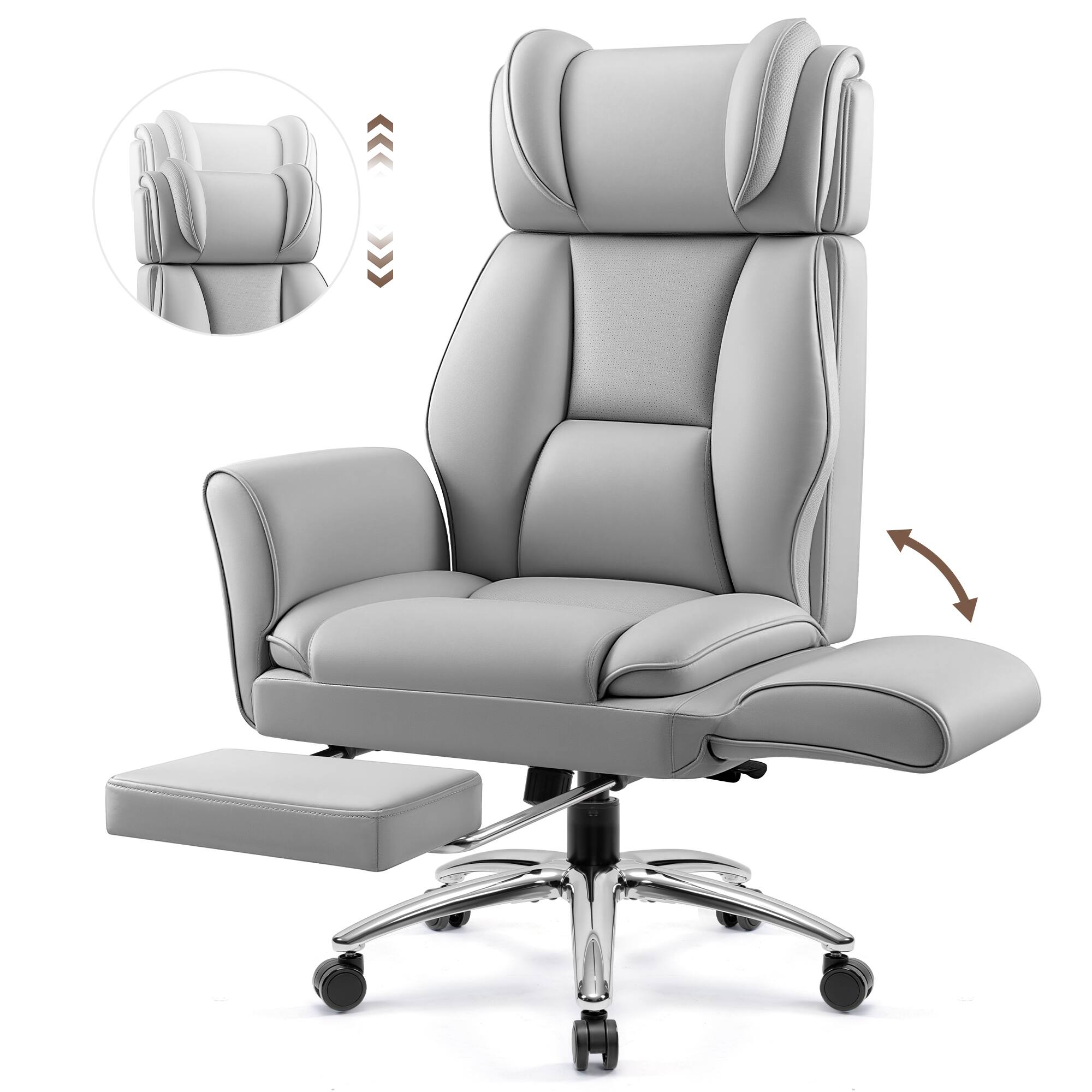 KERDOM - High Back Ergonomic Office Chair with Flatable Armrest Cross Legged, PU Leather Executive Chair with Footrest Wide Seat - Gray