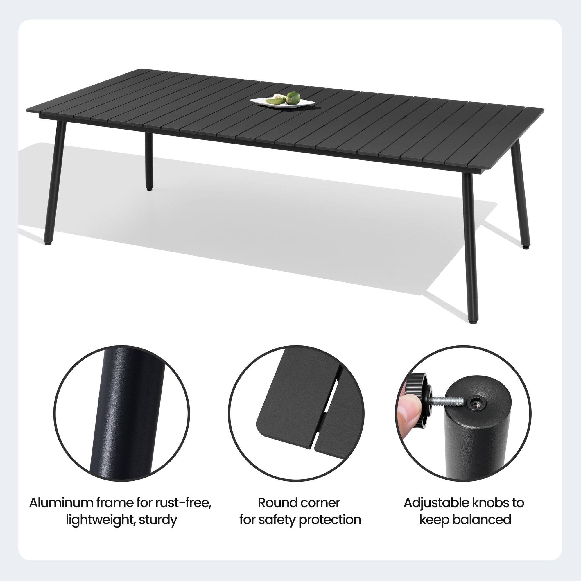 - Aluminum frame for rust-free, lightweight, sturdy
- Round corner for safety protection
- Adjustable knobs to keep balanced