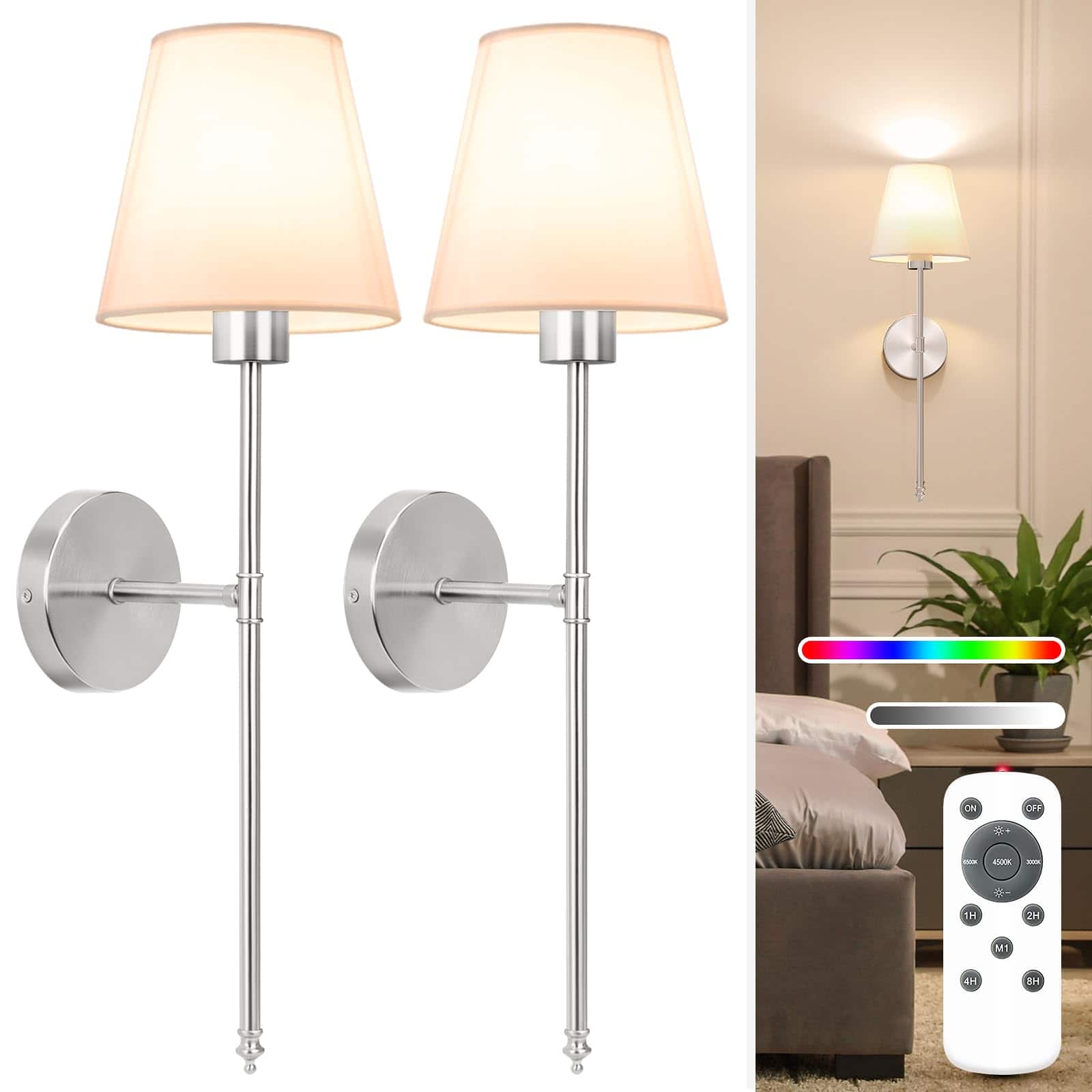 Dazzed Corner - Battery Operated Wall Sconce Set of 2,with 5200mAh Dimmable Detachable Bulbs and Remote