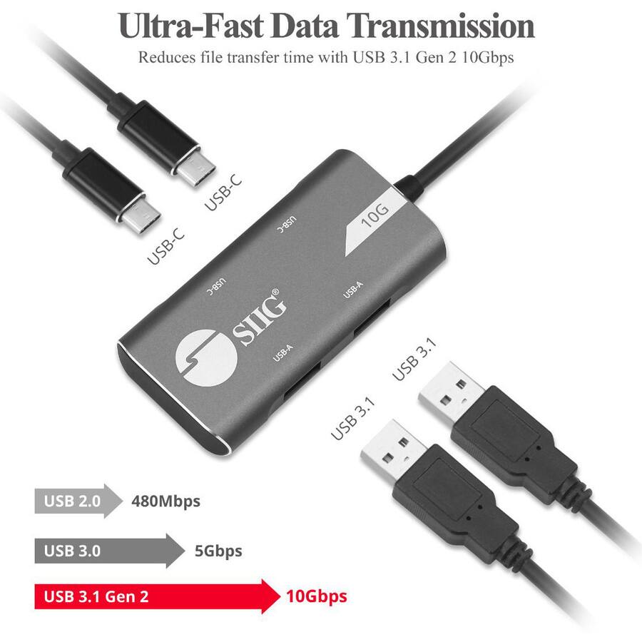 Ultra-Fast Data Transmission  
Reduces file transfer time with USB 3.1 Gen 2 10Gbps  

USB 2.0 - 480Mbps  
USB 3.0 - 5Gbps  
USB 3.1 Gen 2 - 10Gbps  

USB-C  
USB-A  
USB 3.1
