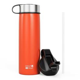 Costway - 22 oz Double Wall Insulated Water Bottle Stainless Steel w/ 2 Lids & Straw - Orange