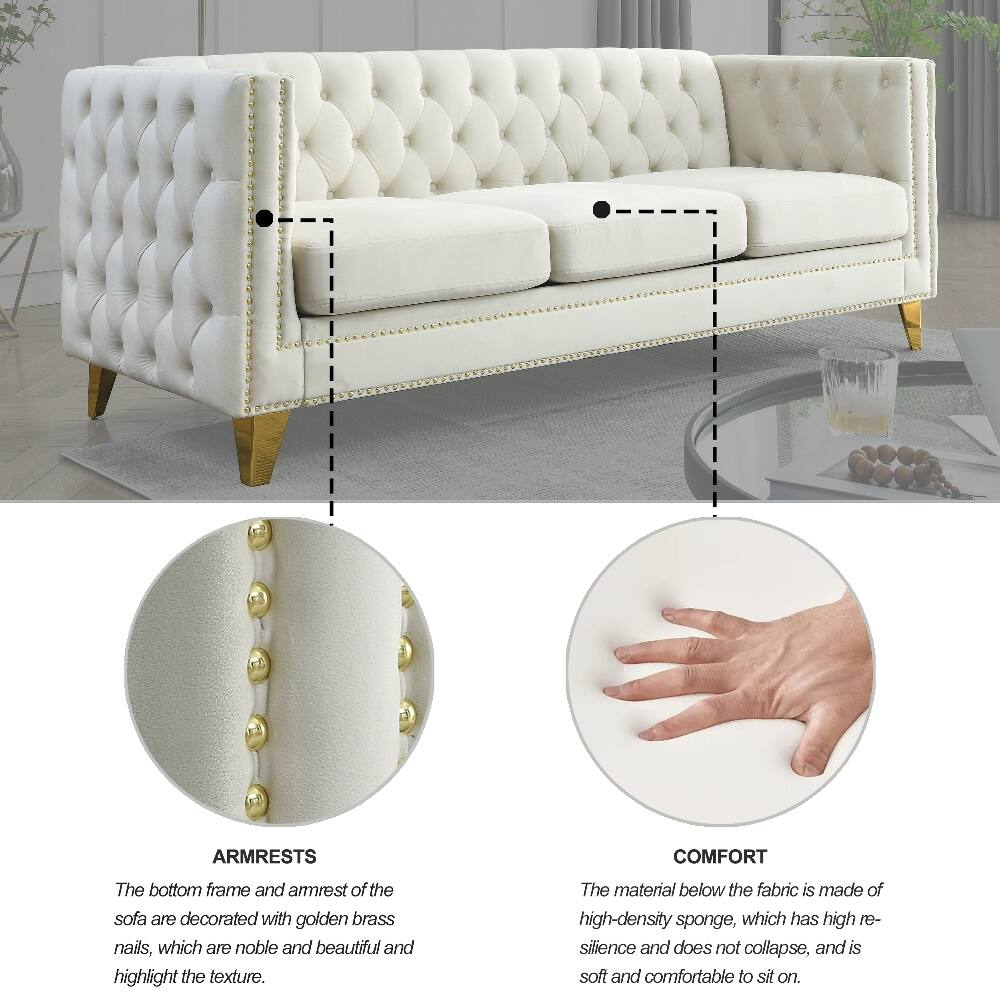 ARMRESTS COMFORT

The bottom frame and armrest of the sofa are decorated with golden brass nails, which are noble and beautiful and highlight the texture. The material below the fabric is made of high-density sponge, which has high resilience and does not collapse, and is soft and comfortable to sit on.