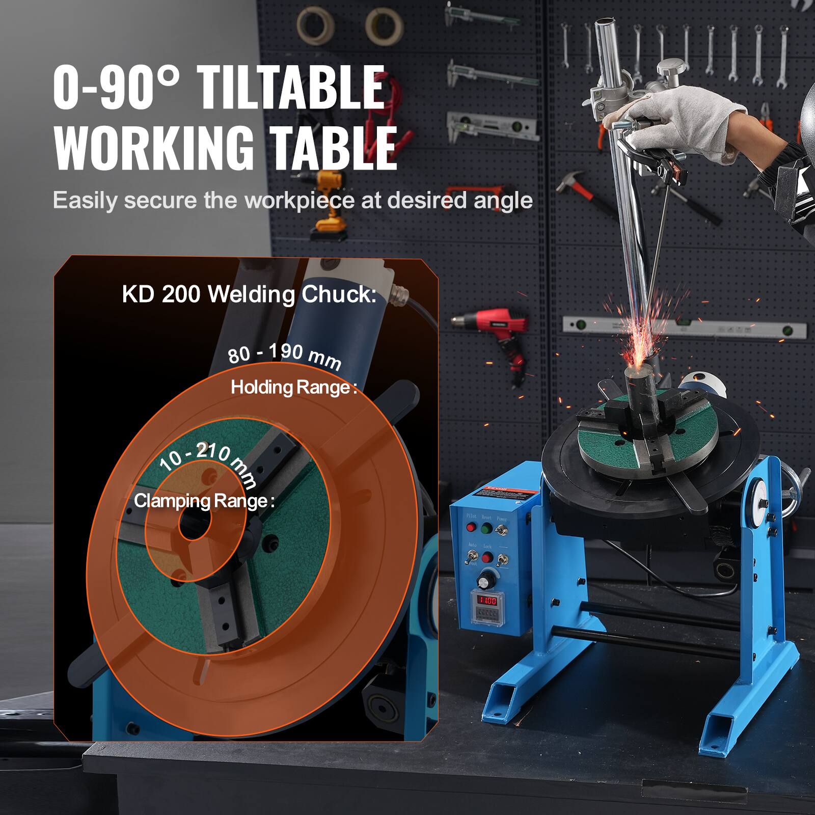 0-90° TILTABLE WORKING TABLE  
Easily secure the workpiece at desired angle  

KD 200 Welding Chuck:  
80 - 190 mm  
Holding Range:  
10 - 210 mm  
Clamping Range: