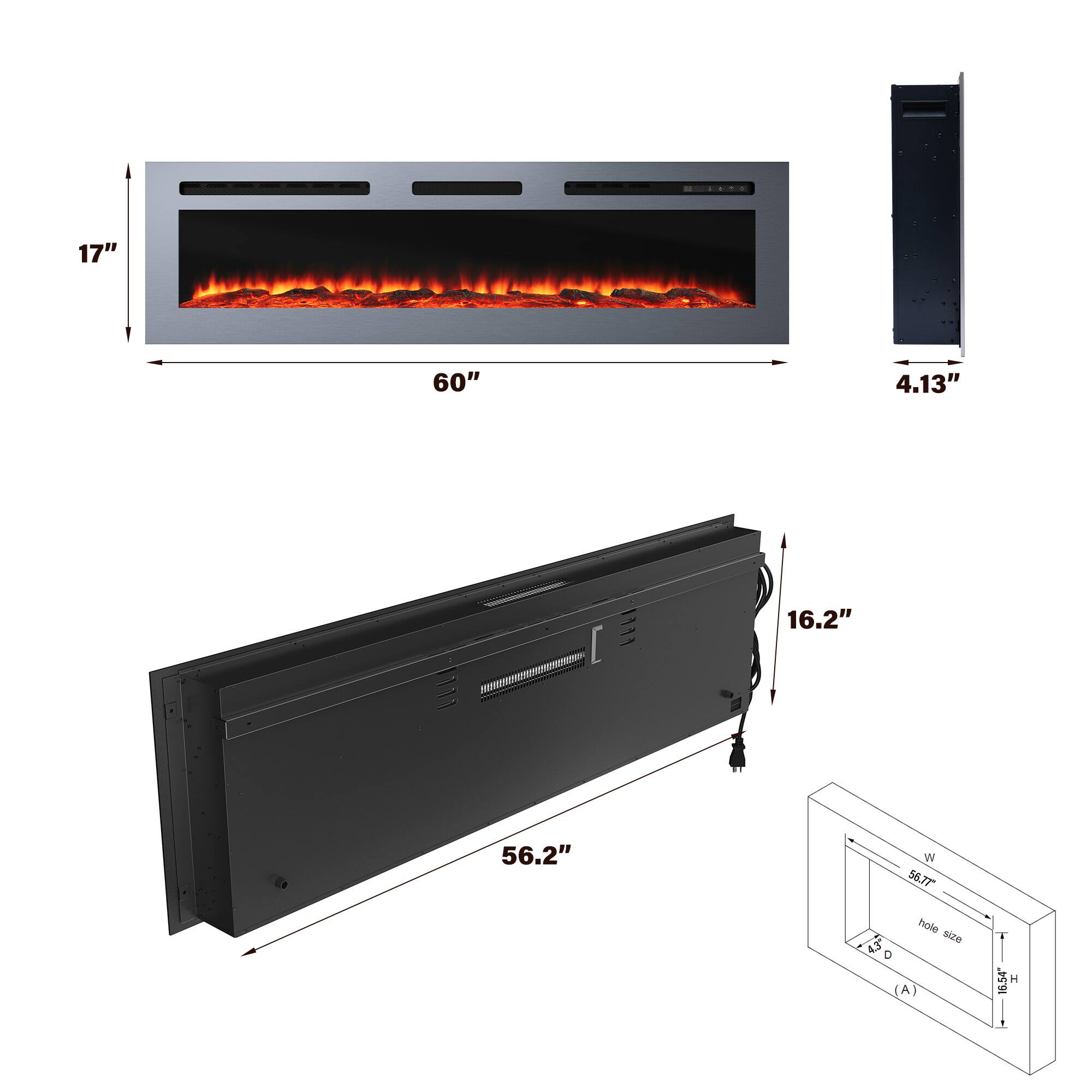 17" x 60"  
4.13"  
16.2" x 56.2"  
56.77" hole size  
W 56.77"  
H 16.54"  
(A)