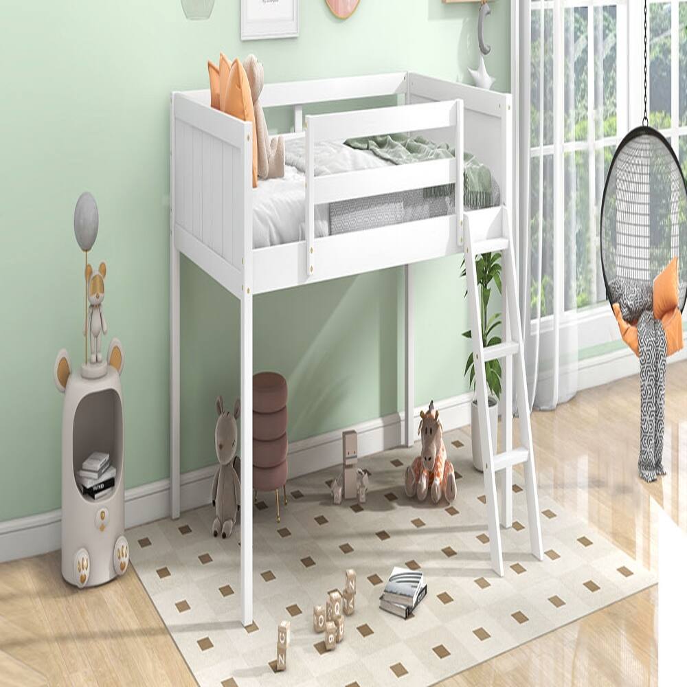 Back. Loheer - Loheer Twin Low Loft Bed Wood Loft Bed with Ladder White - White.