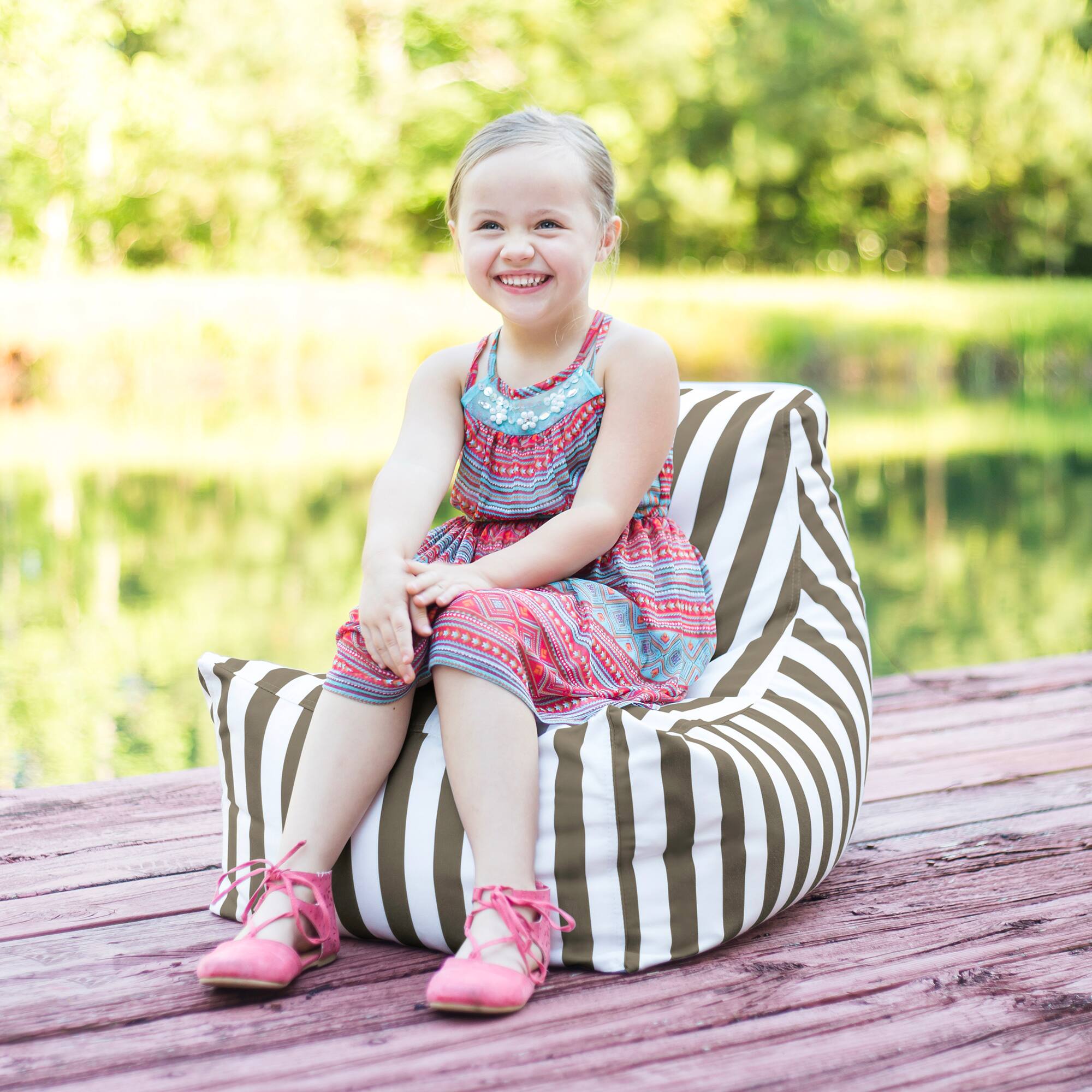 Left. Jaxx - Jaxx Juniper Jr Outdoor Kids Bean Bag Chair / Childrens Garden Chair, Taupe Stripes - Taupe Stripes.