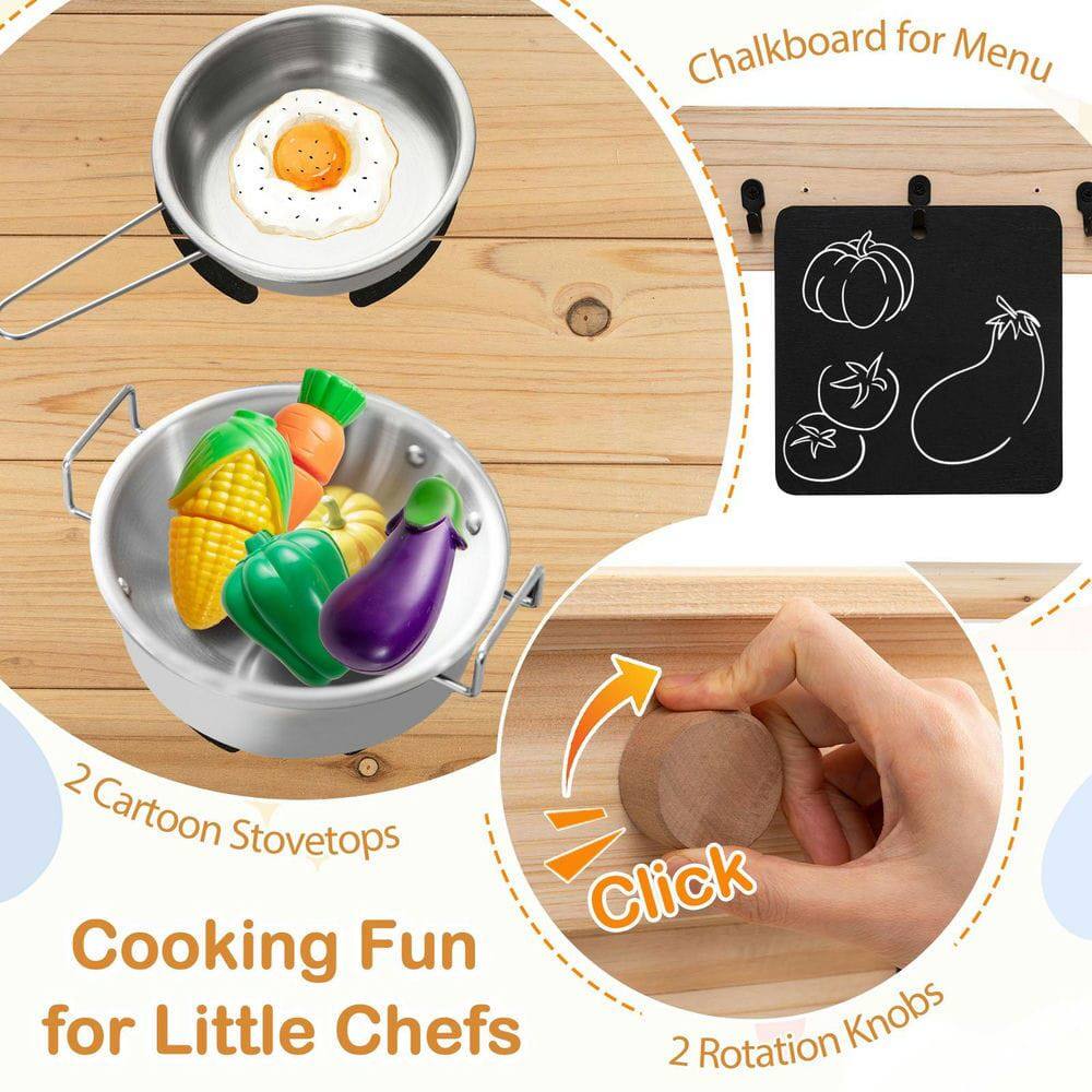 Chalkboard for Menu  
2 Cartoon Stovetops  
Cooking Fun for Little Chefs  
2 Rotation Knobs  
Click