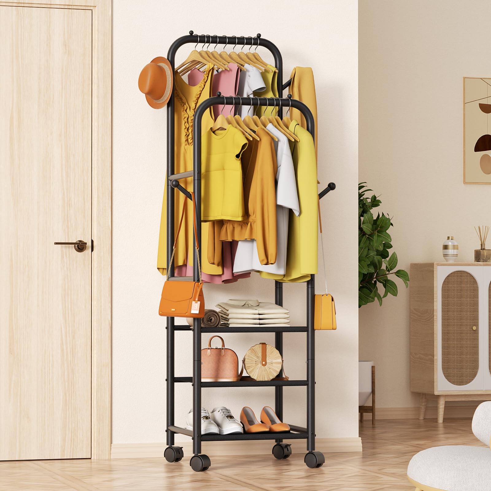 Alt View 1. Refined Abode Design - Rolling Clothing Racks For Hanging Clothes Double Rods Rack With Wheels Sturdy Coat Portable Metal Garment ... - Black With Storage Bin.