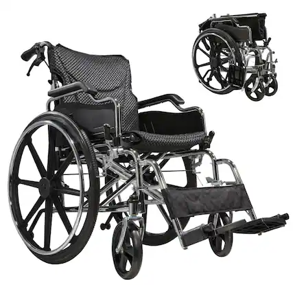 Front. COWLOWN - 20 Inch Seat Folding Manual Transport Wheelchair with Front and Rear Locking Hand Brakes 24 Inch Wheels Black Silver - Black Silver.
