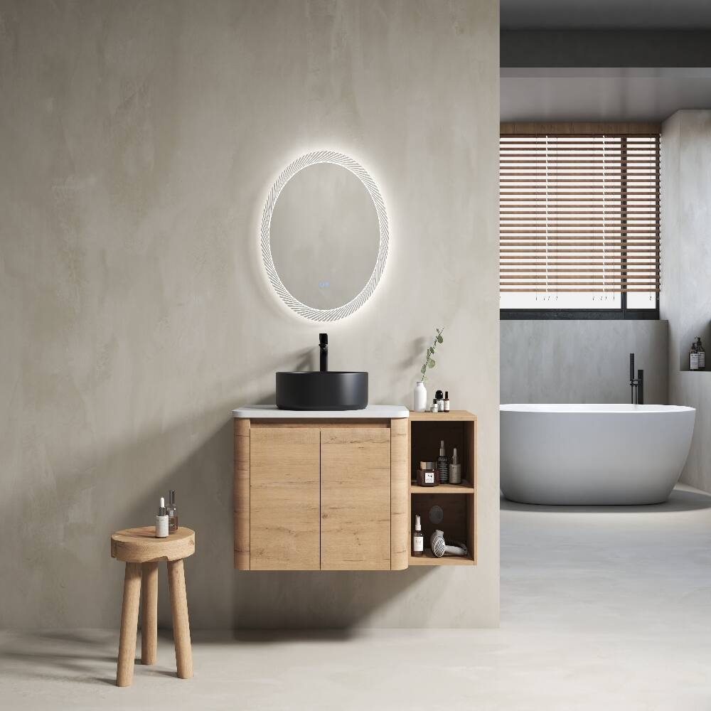Angle. Loheer - Loheer 42 inch wall mounted bathroom vanity with ceramic art vessel sink, imitative oak floating vanity - Imitative Oak.