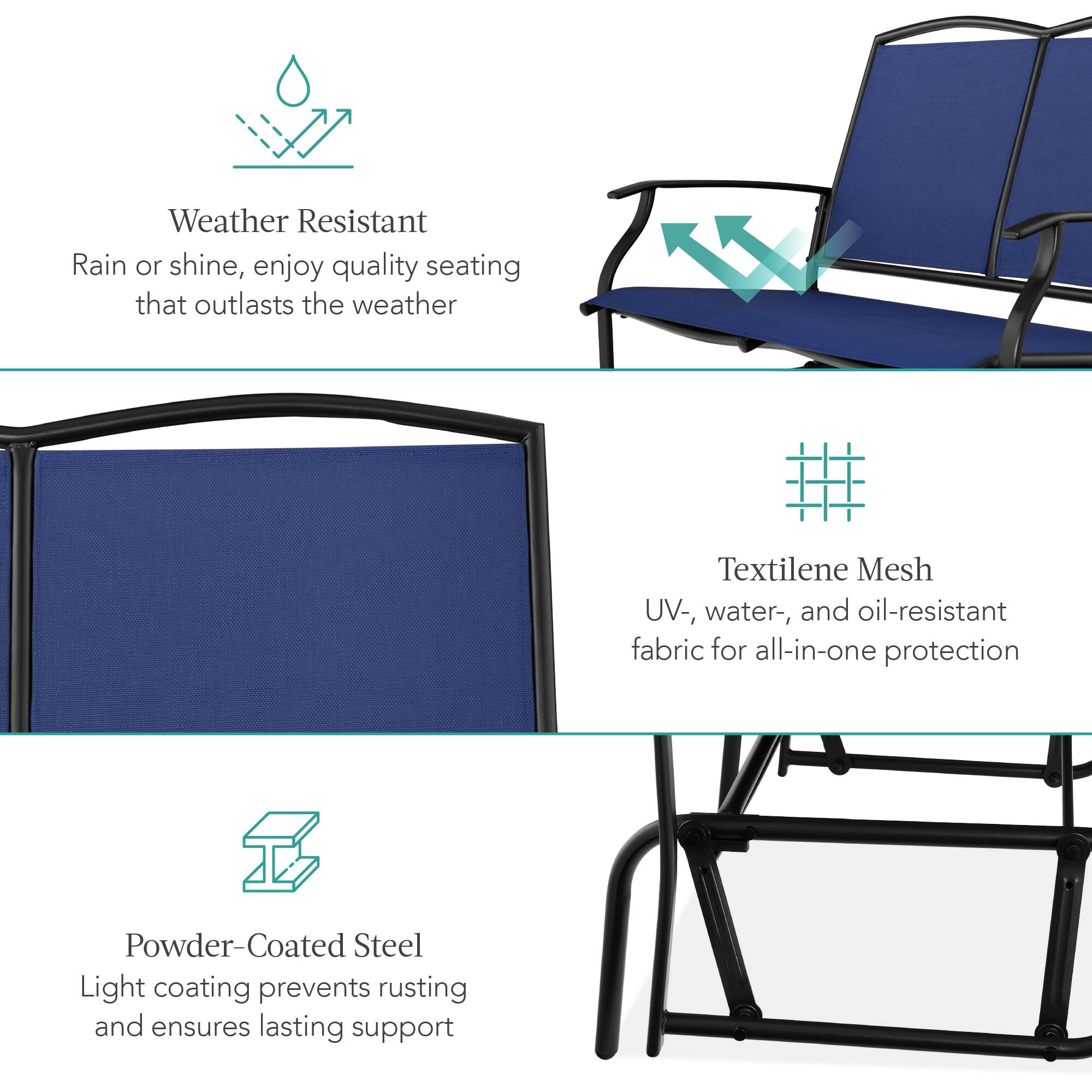 Weather Resistant  
Rain or shine, enjoy quality seating that outlasts the weather  

Textilene Mesh  
UV-, water-, and oil-resistant fabric for all-in-one protection  

Powder-Coated Steel  
Light coating prevents rusting and ensures lasting support