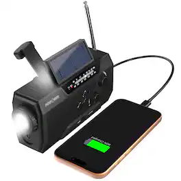 FosPower - Solar Hand Crank Emergency Radio with Flashlight, AM/FM/NOAA Weather Radio 2000mAh Power Bank, IPX3 SOS Alarm - Black