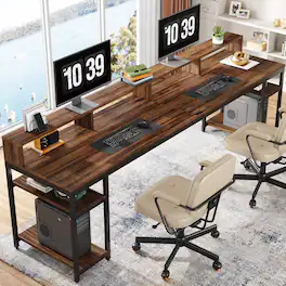 Tribesigns - Office Computer Desk with Metal Frame, Storage Shelves, for Computer Work, Writing and Study in Home Offices - Brown