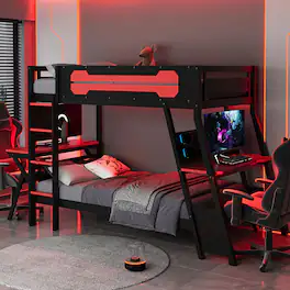 Anysun - Twin Size Bunk Bed with Two Built-In Gaming Desks, USB Desktop Ports & Pegboard Organizer, Gaming Bunk Frame for Gamer - Red