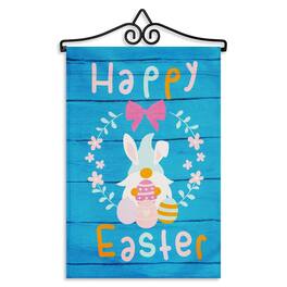 G128 - 14.2 in Garden Flag Hanger with 12 x 18 in Double-Sided Blockout Flag - Happy Easter Rabbit Gnome with Eggs - Blue