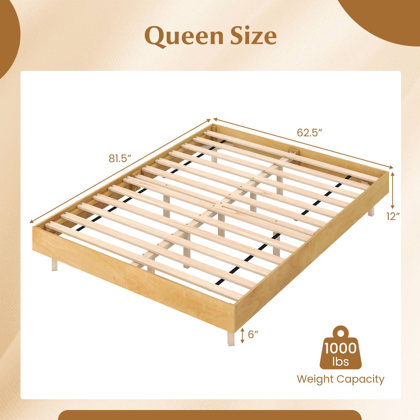 Queen Size  
62.5" x 81.5"  
12"  
6"  
1000 lbs Weight Capacity