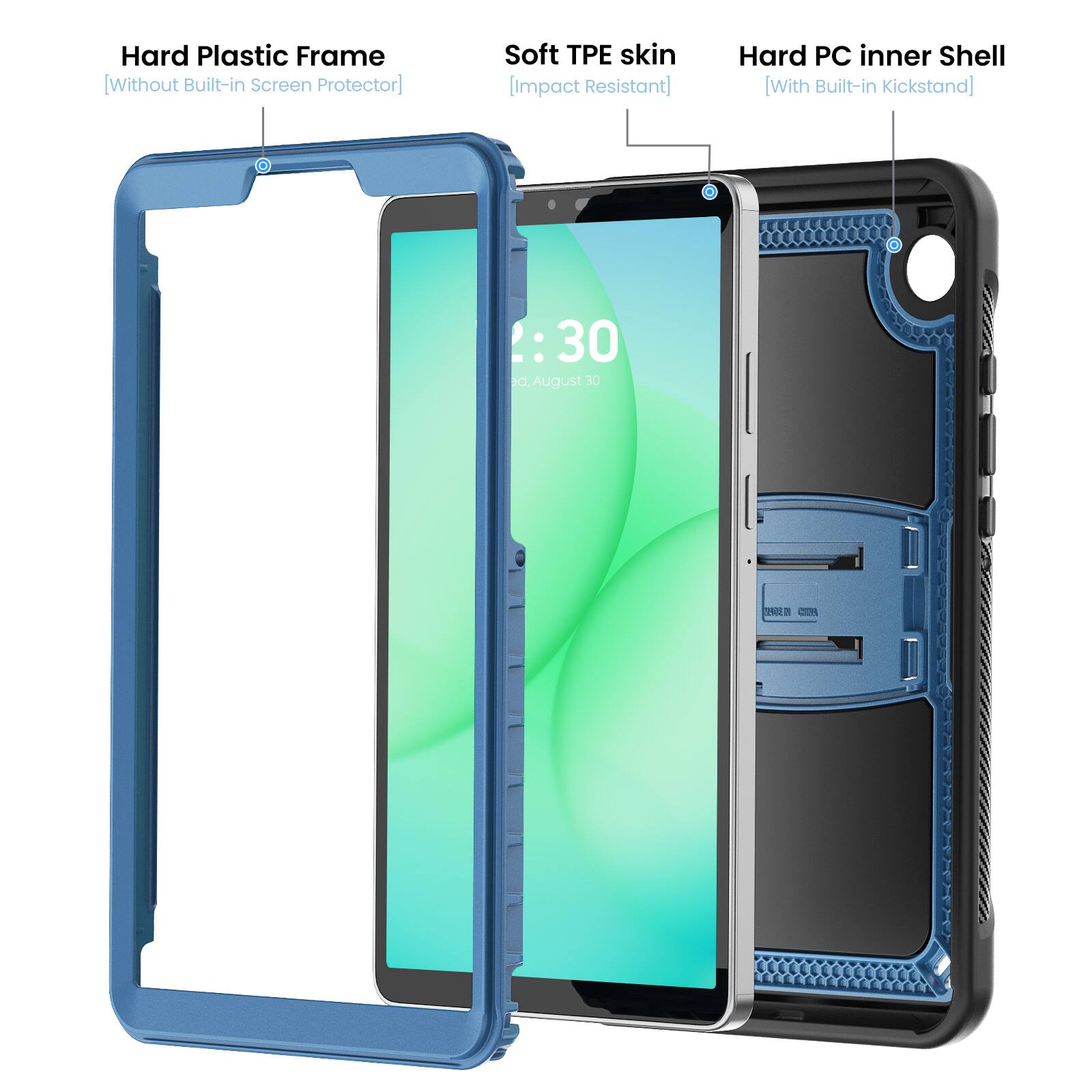 Hard Plastic Frame [Without Built-in Screen Protector]  
Soft TPE skin [Impact Resistant]  
Hard PC inner Shell [With Built-in Kickstand]