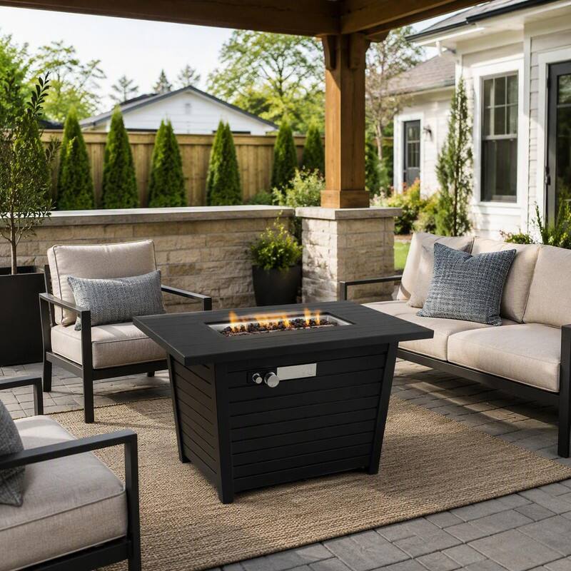 Back. RYHNUYNE - Black Steel Rectangular Outdoor Fire Pit Table with Lid - 42"W x 20" H Fire Table for Patio Backyard - Black.