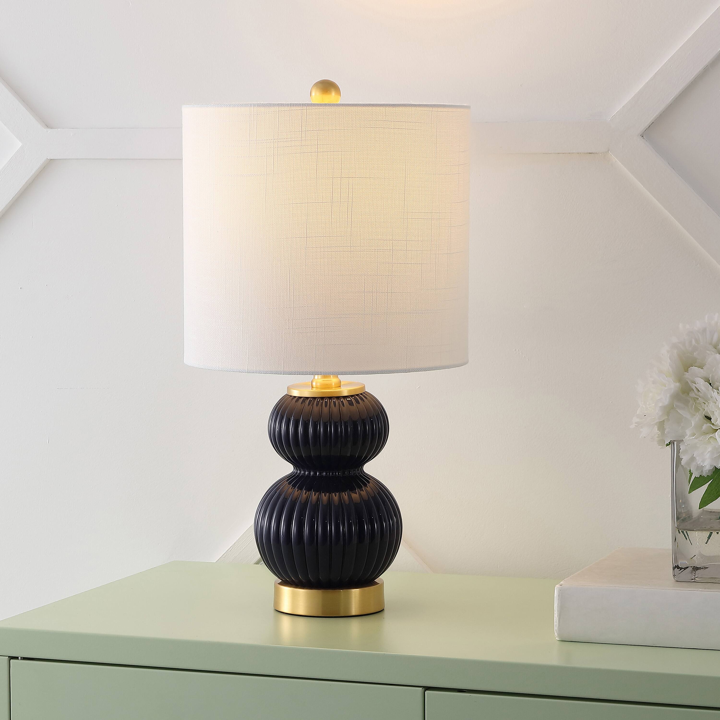 Alt View 1. Jonathan Y - Daphne 20" Contemporary Transitional Metal/Glass Ribbed Gourd LED Table Lamp, Navy/Brass Gold - Navy.