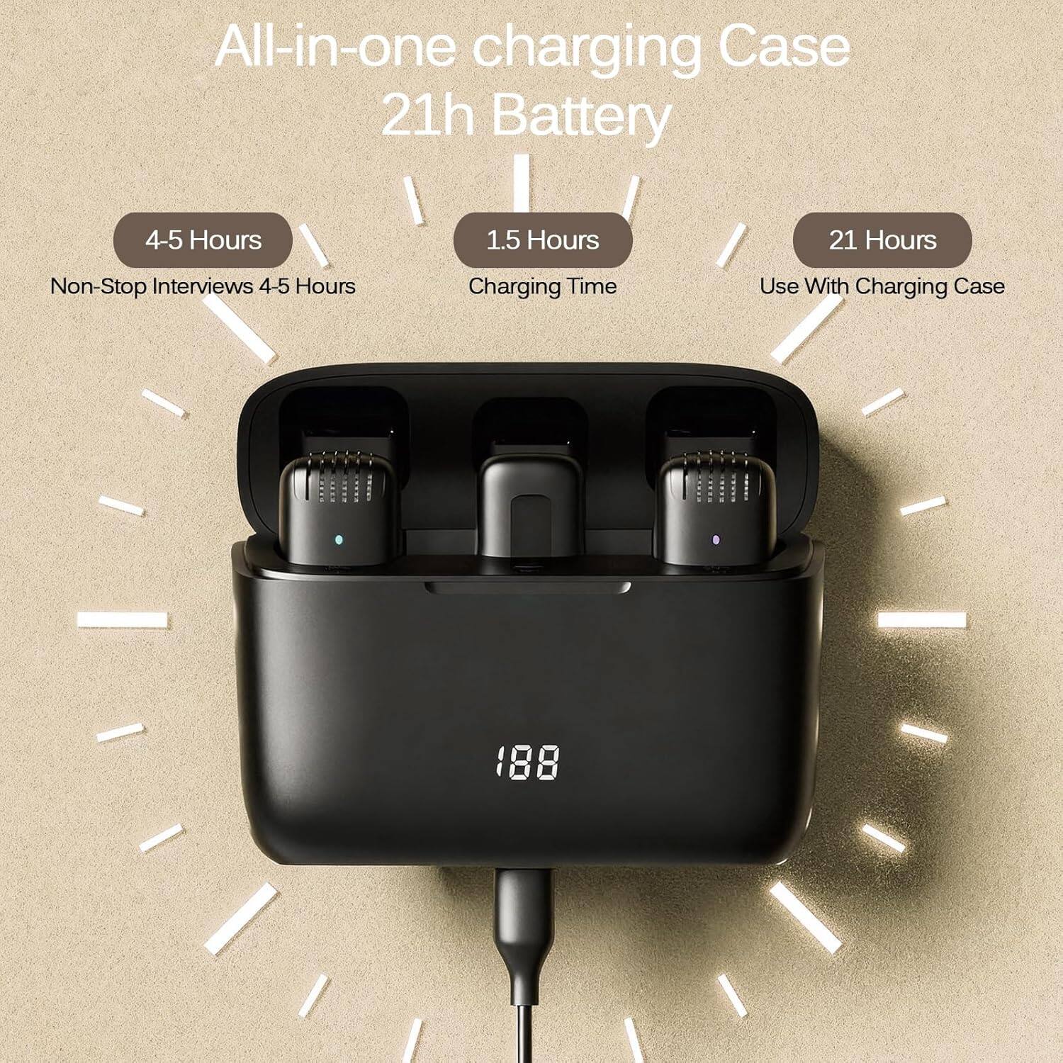 All-in-one charging Case  
21h Battery  

4-5 Hours  
Non-Stop Interviews 4-5 Hours  

1.5 Hours  
Charging Time  

21 Hours  
Use With Charging Case  

188