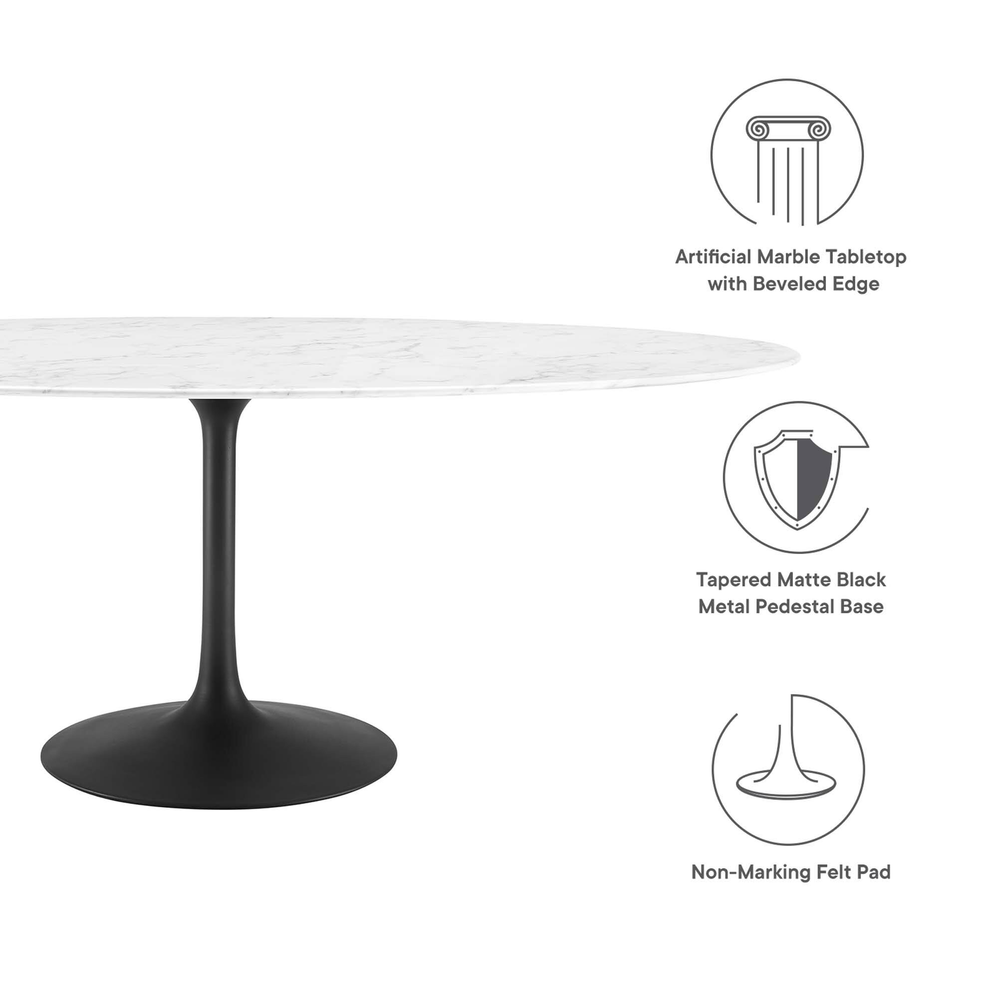 Artificial Marble Tabletop with Beveled Edge  
Tapered Matte Black Metal Pedestal Base  
Non-Marking Felt Pad