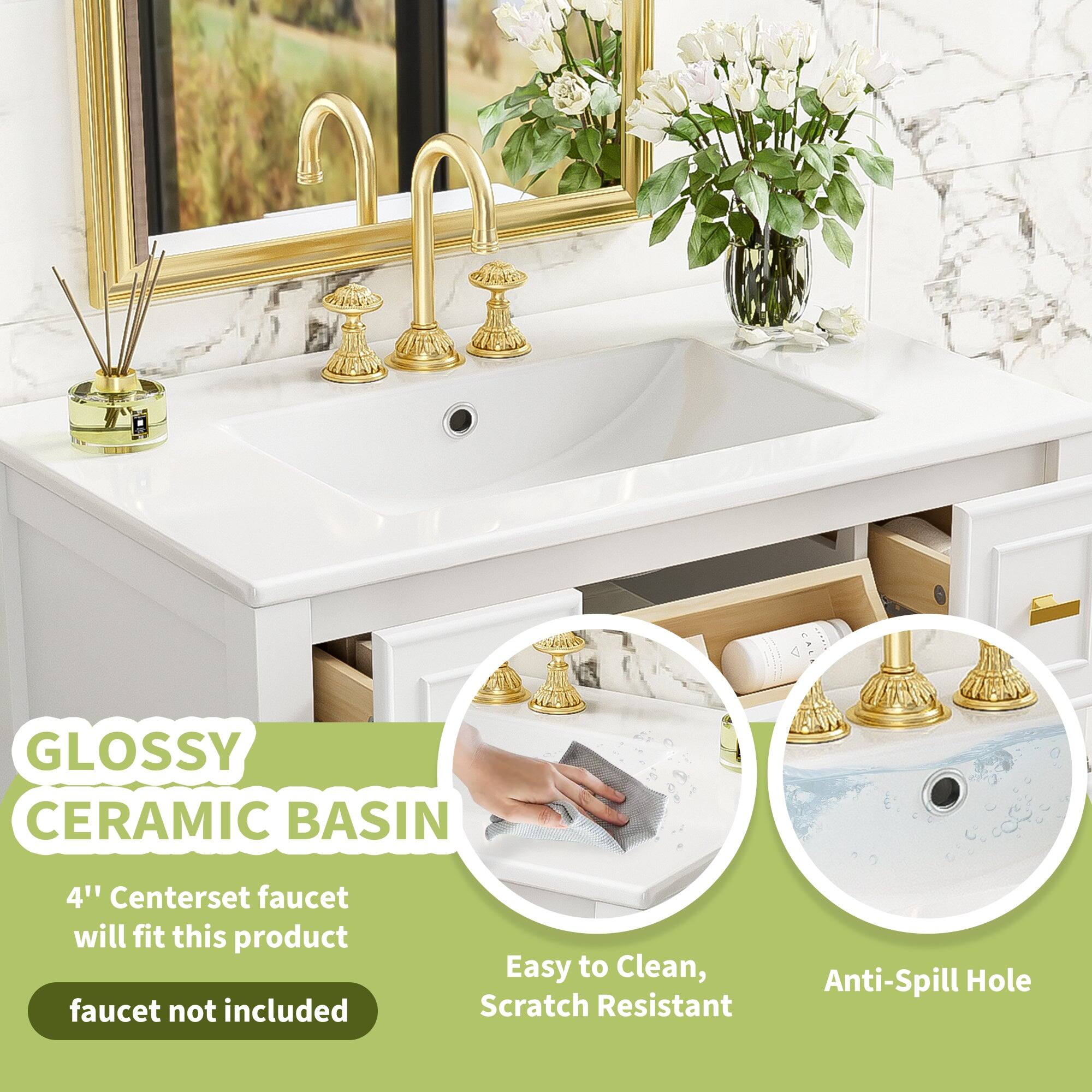 GLOSSY CERAMIC BASIN  
4" Centerset faucet will fit this product  
faucet not included  
Easy to Clean, Scratch Resistant  
Anti-Spill Hole