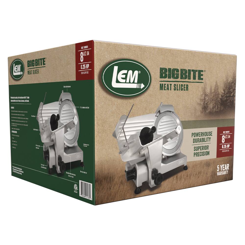 **LEM BIGBITE MEAT SLICER**

- **Powerhouse Durability**
- **Superior Precision**
- **5 Year Warranty**

**Specifications:**
- **Net Weight:** 8 lb
- **Motor:** 0.25 HP
- **Cutting Thickness:** 1/16" to 1/4"

**Features:**
- **Powerhouse Durability**
- **Superior Precision**
- **5 Year Warranty**

**Dimensions:**
- **Width:** 18.5"
- **Height:** 14.5"
- **Depth:** 12.5"

**Warranty:**
- 5 Year Warranty

**Model Number:** V2