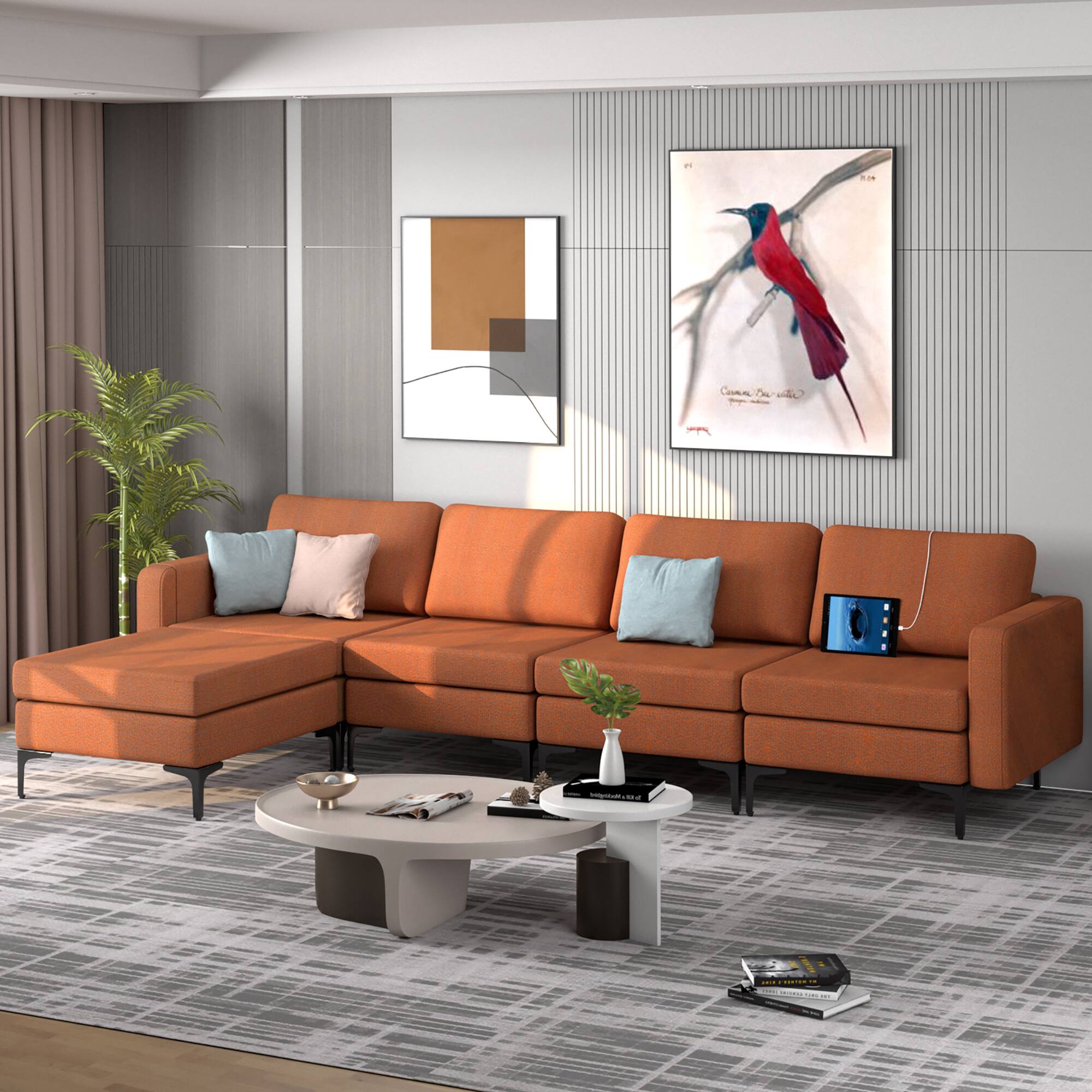 Alt View 2. Costway - Costway Modular L-shaped Sectional Sofa w/ Reversible Chaise & 4 USB Ports - Orange.