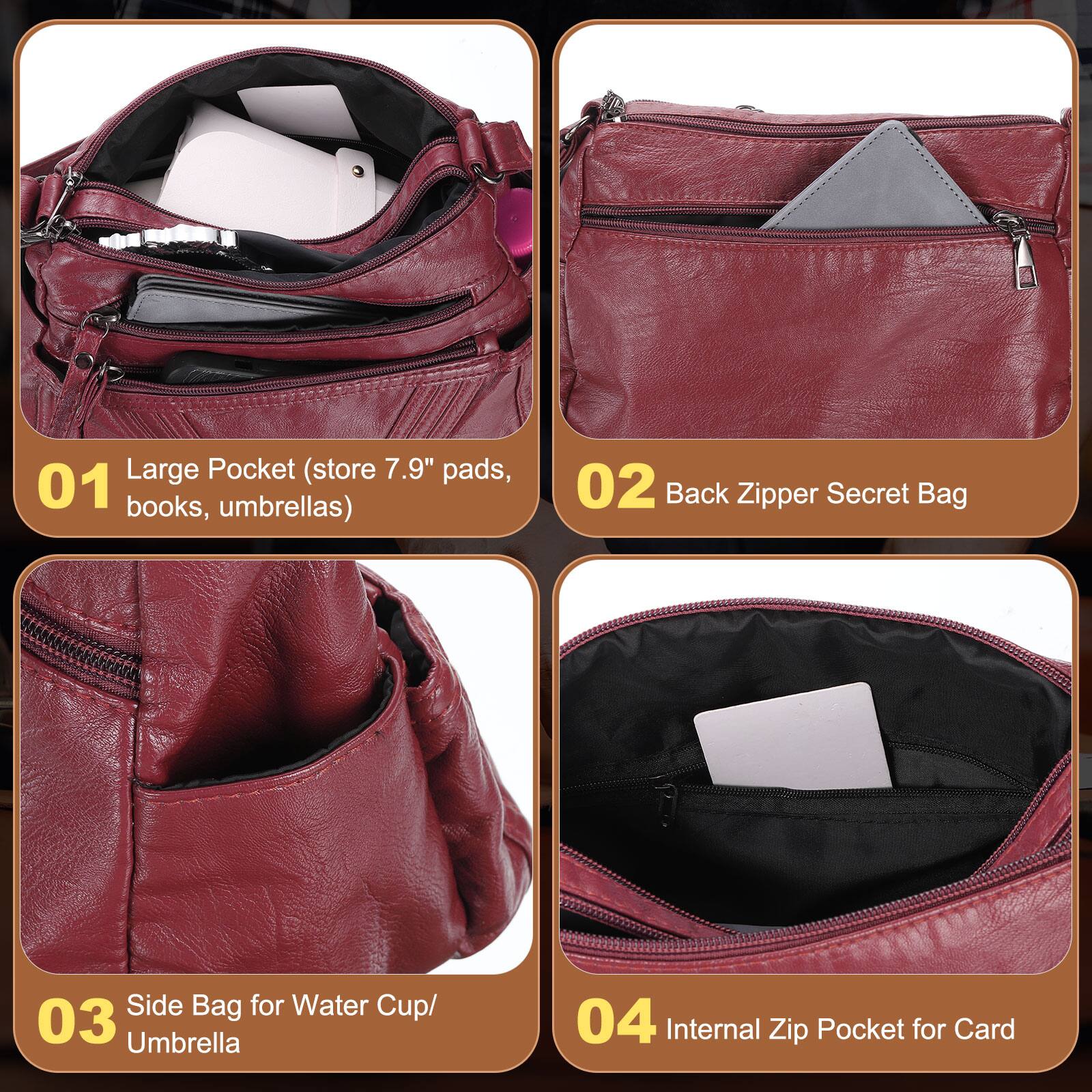 01 Large Pocket (store 7.9" pads, books, umbrellas)  
02 Back Zipper Secret Bag  
03 Side Bag for Water Cup/Umbrella  
04 Internal Zip Pocket for Card