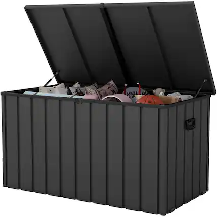 Front. HTUTWOO - 200 Gallon Metal Deck Box - Waterproof Storage Box with Lockable Lid, Large Pool Storage Cabinet for Tools Pool Supplies - Dark Gray.